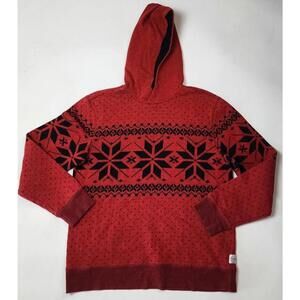 Express Cozy Red Hooded Sweater with Black Snowflake Pattern